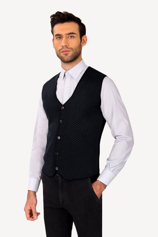 Erkek Lacivert Desenli Klasik Triko Yelek