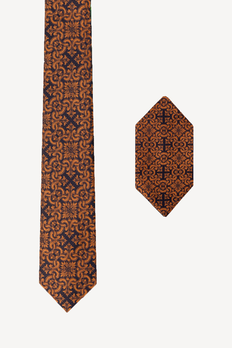 Erkek Lacivert Desenli Kravat Mendil Set - 1