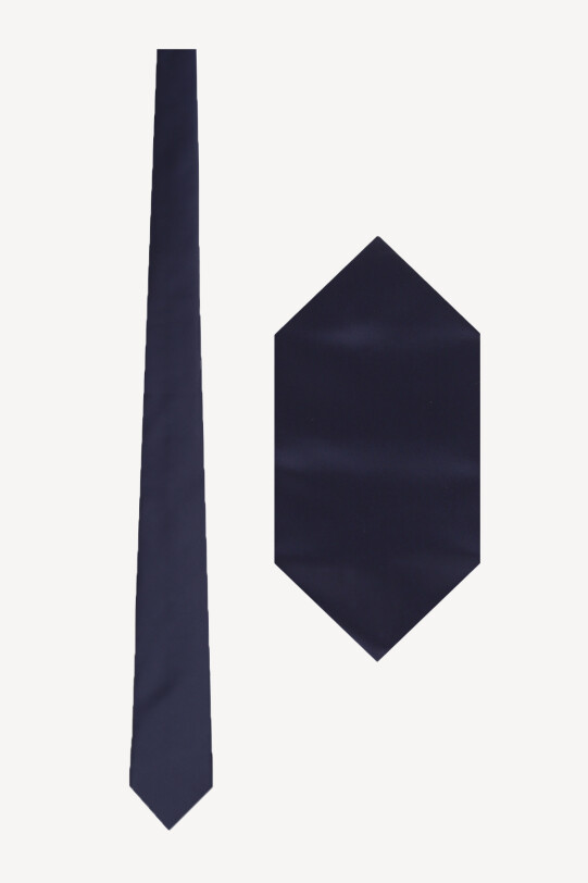 Erkek Lacivert Düz Slim Kravat Mendil Set - YSF