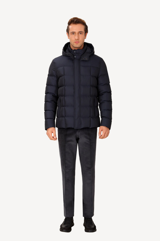 Erkek Lacivert Kapüşonlu Klasik Kaban