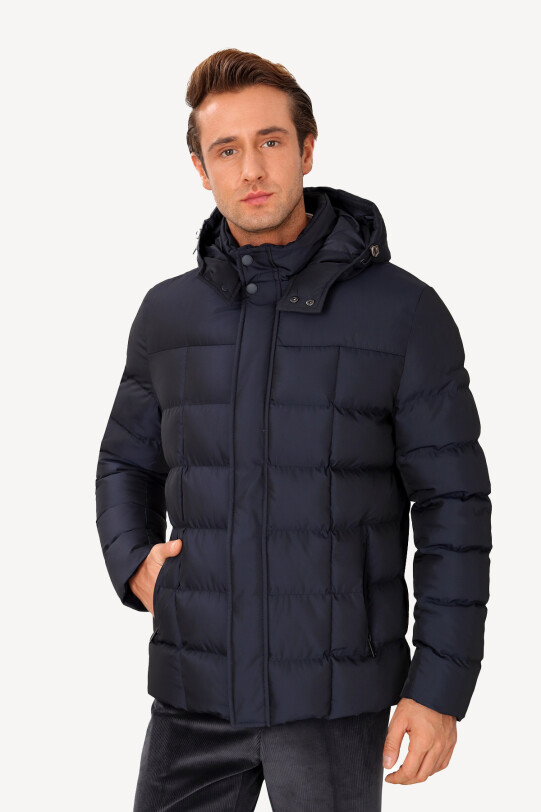 Erkek Lacivert Kapüşonlu Klasik Kaban