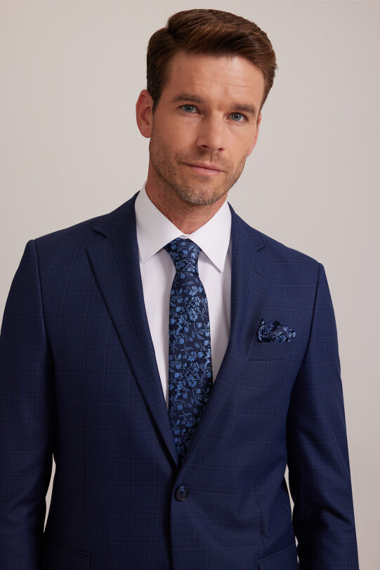Erkek Lacivert Kareli Klasik Takım Elbise