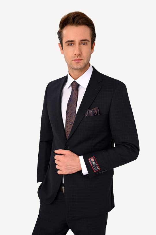 Erkek Lacivert Klasik Kareli Takım Elbise