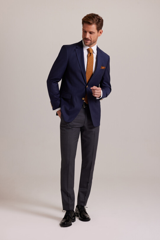 Erkek Lacivert Klasik Yünlü Blazer Ceket