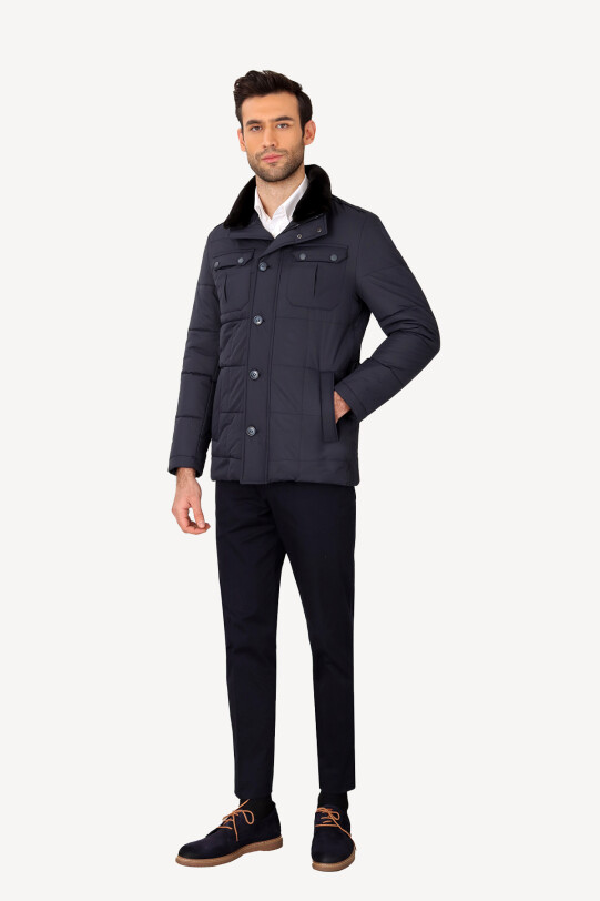 Erkek Lacivert Kürklü Yaka Klasik Kaban