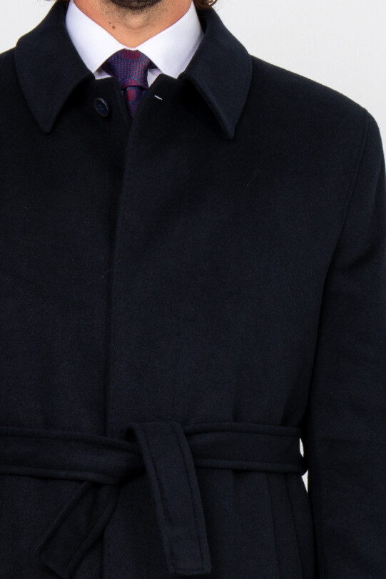 Erkek Lacivert Regular Fit Kaşmir Uzun Kuşaklı Palto