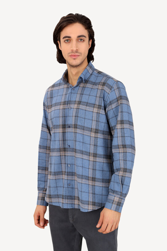 Erkek Lacivert Regular Fit Yaka Düğmeli Ekose Gömlek