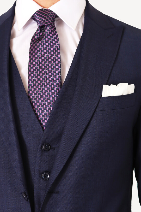 Erkek Lacivert Sivri Yaka Yelekli Slim Fit Takım Elbise