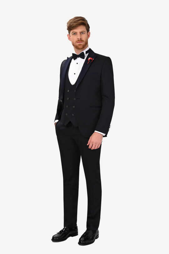 Erkek Lacivert Slim Fit Yelekli Çıkma Şal Yaka Damatlık