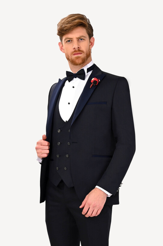 Erkek Lacivert Slim Fit Yelekli Çıkma Şal Yaka Damatlık