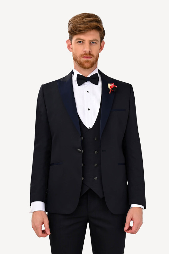 Erkek Lacivert Slim Fit Yelekli Çıkma Şal Yaka Damatlık