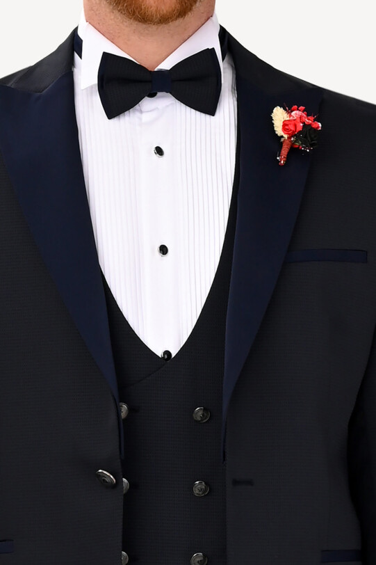 Erkek Lacivert Slim Fit Yelekli Çıkma Şal Yaka Damatlık