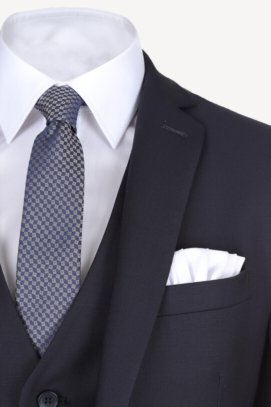 Erkek Lacivert Slim Fit Yelekli Takım Elbise