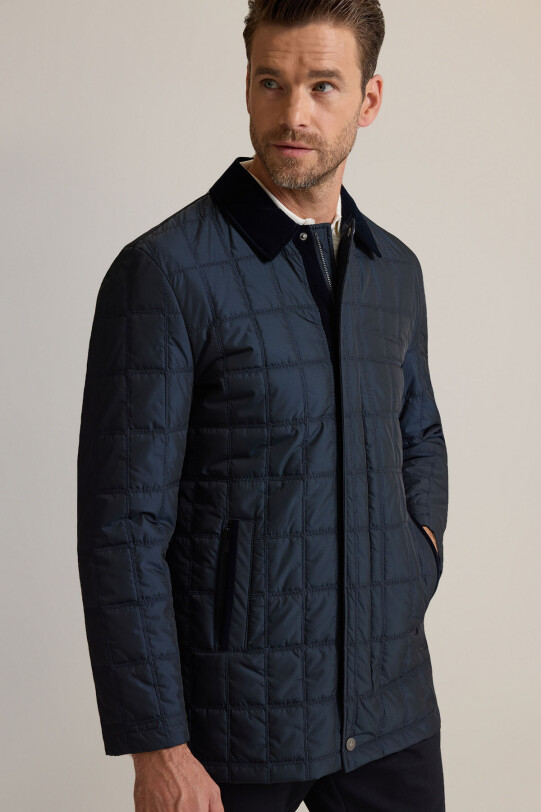 Erkek Lacivert Spor Kürklü Yaka Klasik Kaban