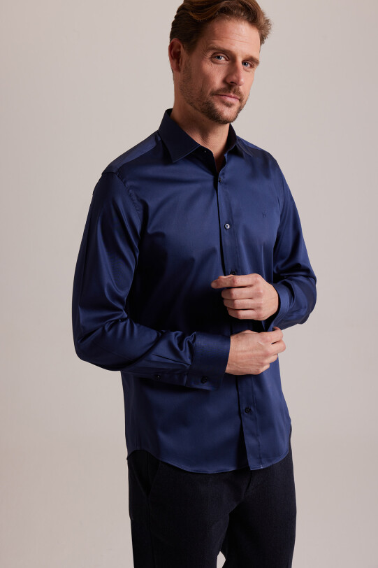 Erkek Lacivert Uzun Kol Slim Fit Saten Gömlek