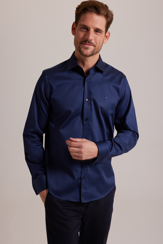 Erkek Lacivert Uzun Kol Slim Fit Saten Gömlek