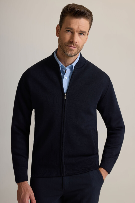 Erkek Lacivert Sıfır Yaka İçi Astarlı Fermuarlı Triko Hırka