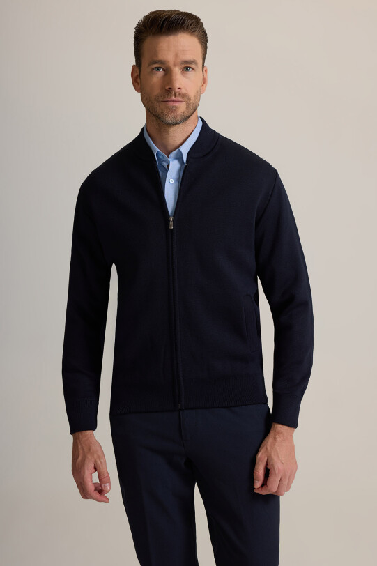 Erkek Lacivert Sıfır Yaka İçi Astarlı Fermuarlı Triko Hırka