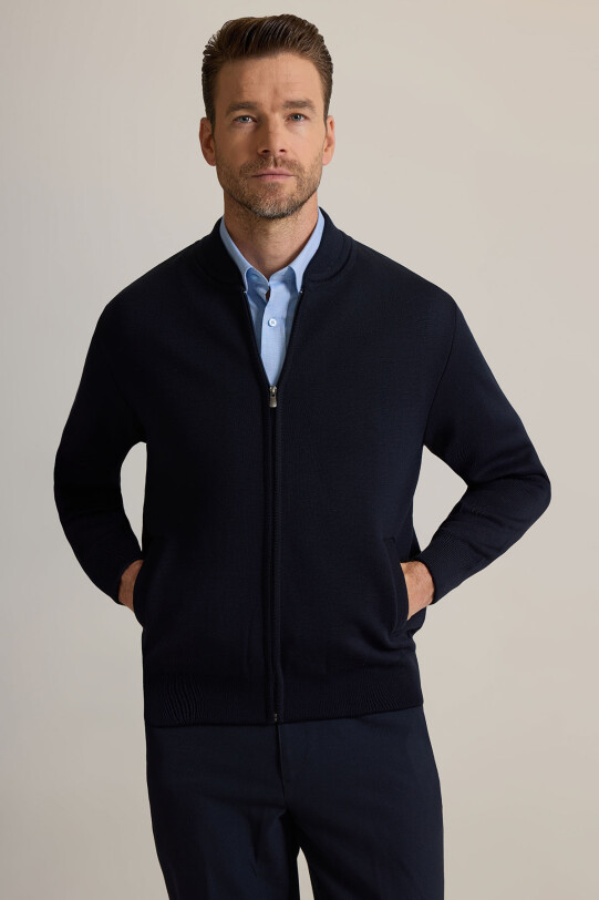 Erkek Lacivert Sıfır Yaka İçi Astarlı Fermuarlı Triko Hırka