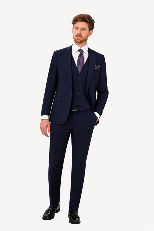 Erkek Lacivert Sivri Yaka Slim Fit Yelekli Takım Elbise