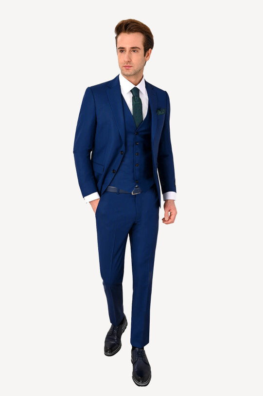 Erkek Lacivert Slim Fit Kareli Yelekli Takım Elbise