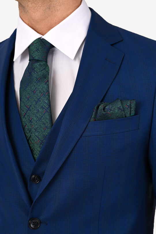 Erkek Lacivert Slim Fit Kareli Yelekli Takım Elbise