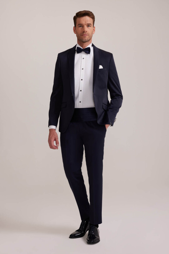 Erkek Lacivert Slim Fit Kırlangıç Yaka Damatlık