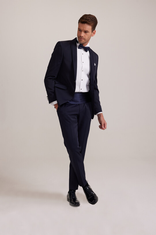 Erkek Lacivert Slim Fit Kırlangıç Yaka Damatlık