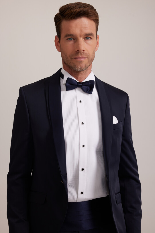 Erkek Lacivert Slim Fit Kırlangıç Yaka Damatlık