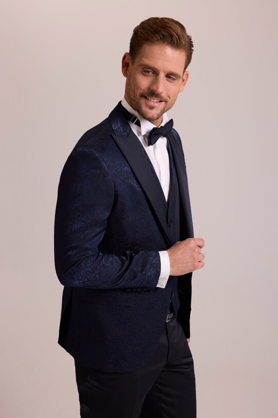 Erkek Lacivert Slim Fit Kırlangıç Yaka Desenli Damatlık