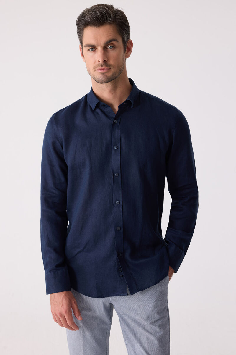 Erkek Lacivert Slim Fit Klasik Yaka Keten Gömlek - 1