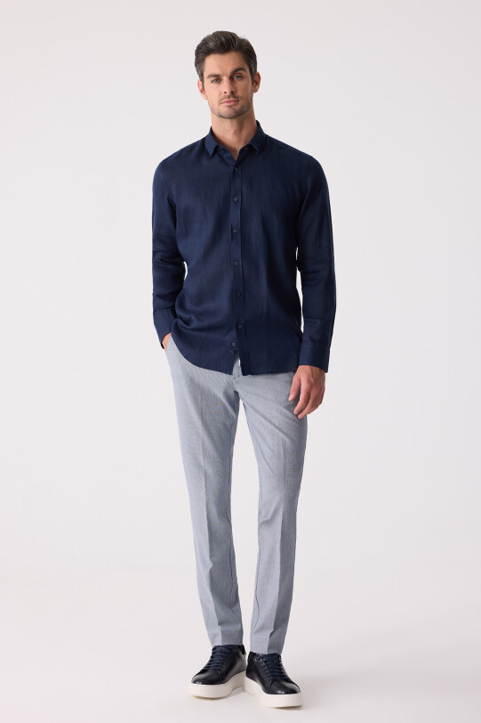 Erkek Lacivert Slim Fit Klasik Yaka Keten Gömlek