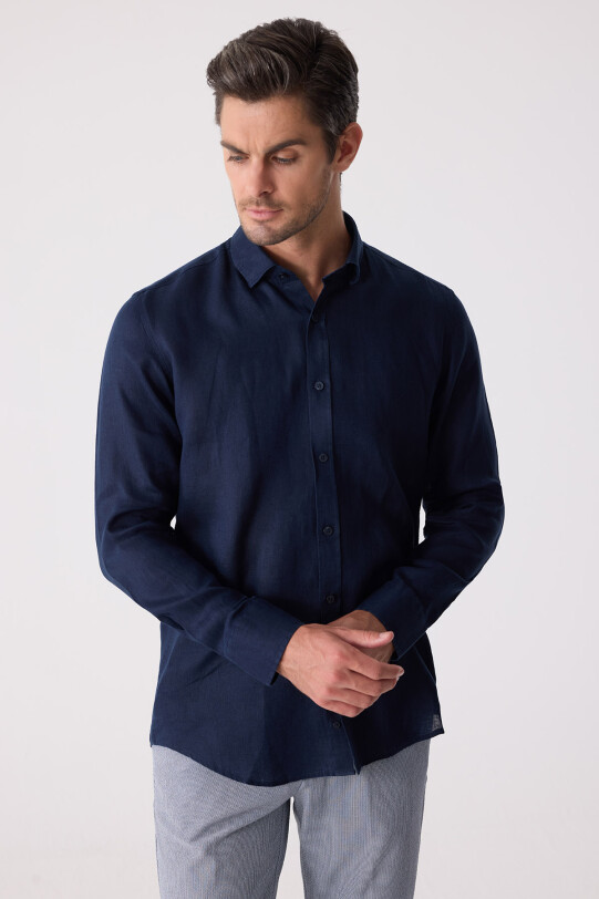 Erkek Lacivert Slim Fit Klasik Yaka Keten Gömlek