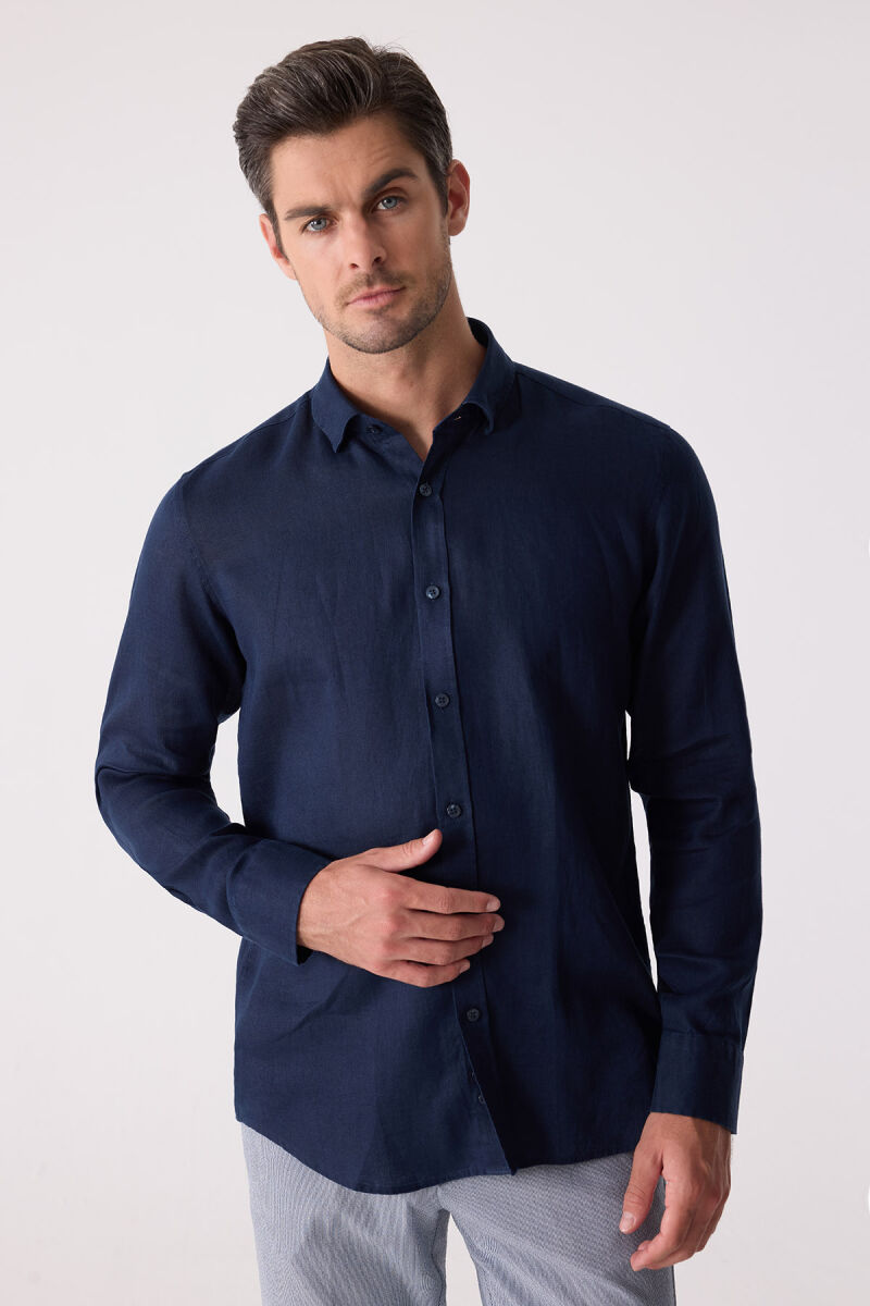 Erkek Lacivert Slim Fit Klasik Yaka Keten Gömlek - 4