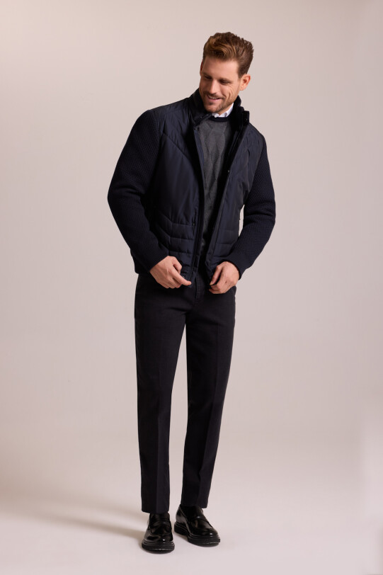 Erkek Lacivert Slim Fit Kolu Trikolu Mont