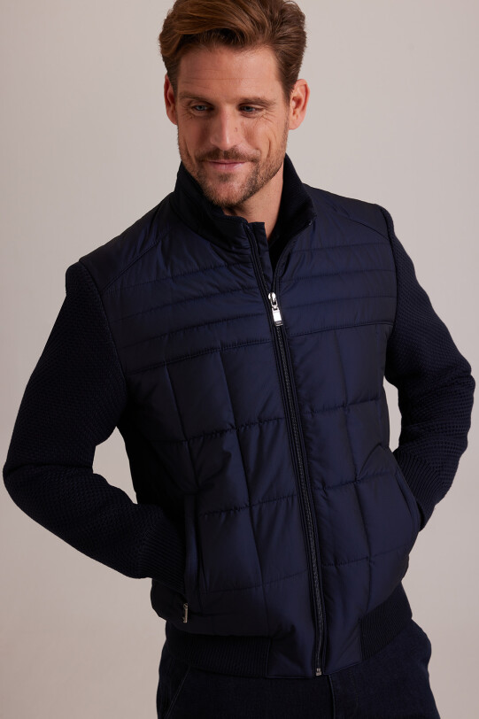 Erkek Lacivert Kolu Trikolu Slim Fit Mont