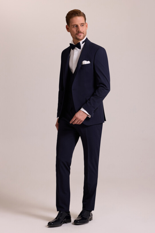 Erkek Lacivert Slim Fit Likralı Sivri Yaka Yelekli Damatlık