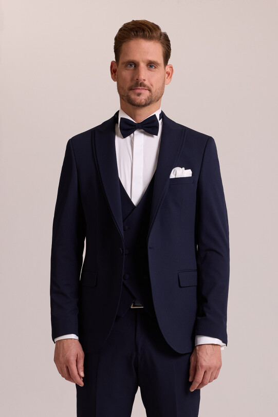 Erkek Lacivert Slim Fit Likralı Sivri Yaka Yelekli Damatlık