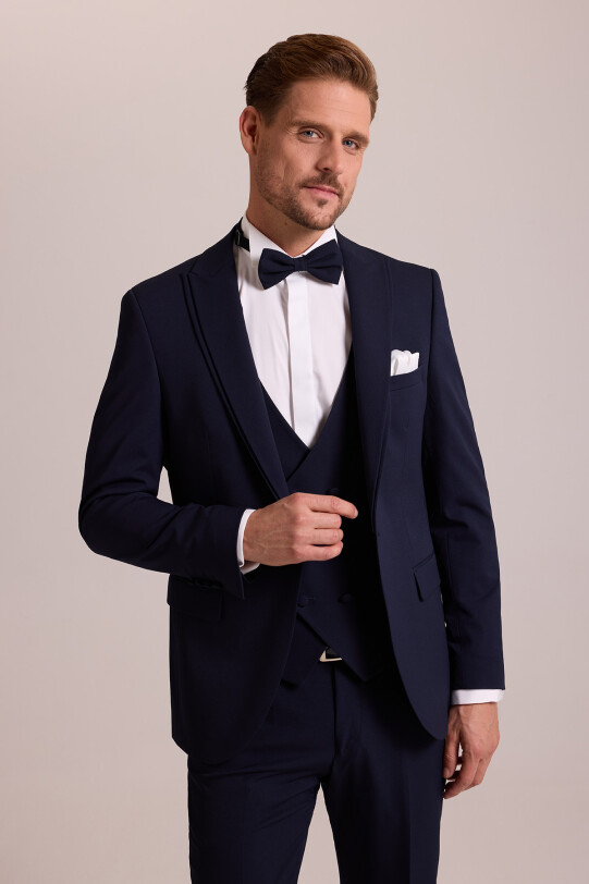 Erkek Lacivert Slim Fit Likralı Sivri Yaka Yelekli Damatlık