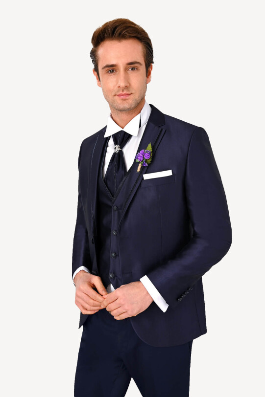 Erkek Lacivert Slim Fit Mono Yaka Yelekli Damatlık
