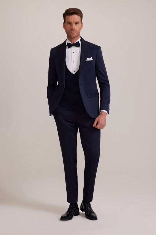Erkek Lacivert Slim Fit Şal Yaka Yelekli Damatlık