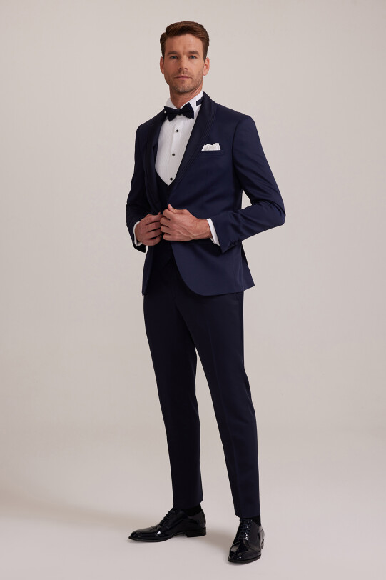 Erkek Lacivert Slim Fit Şal Yaka Yelekli Damatlık