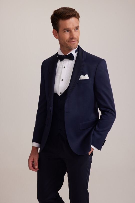Erkek Lacivert Slim Fit Şal Yaka Yelekli Damatlık