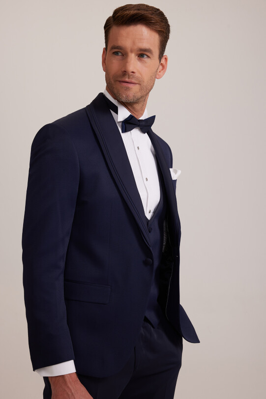 Erkek Lacivert Slim Fit Şal Yaka Yelekli Damatlık