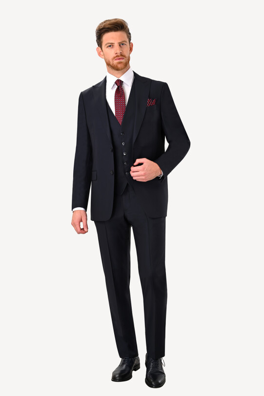 Erkek Lacivert Slim Fit Sivri Yaka Takım Elbise - YSF