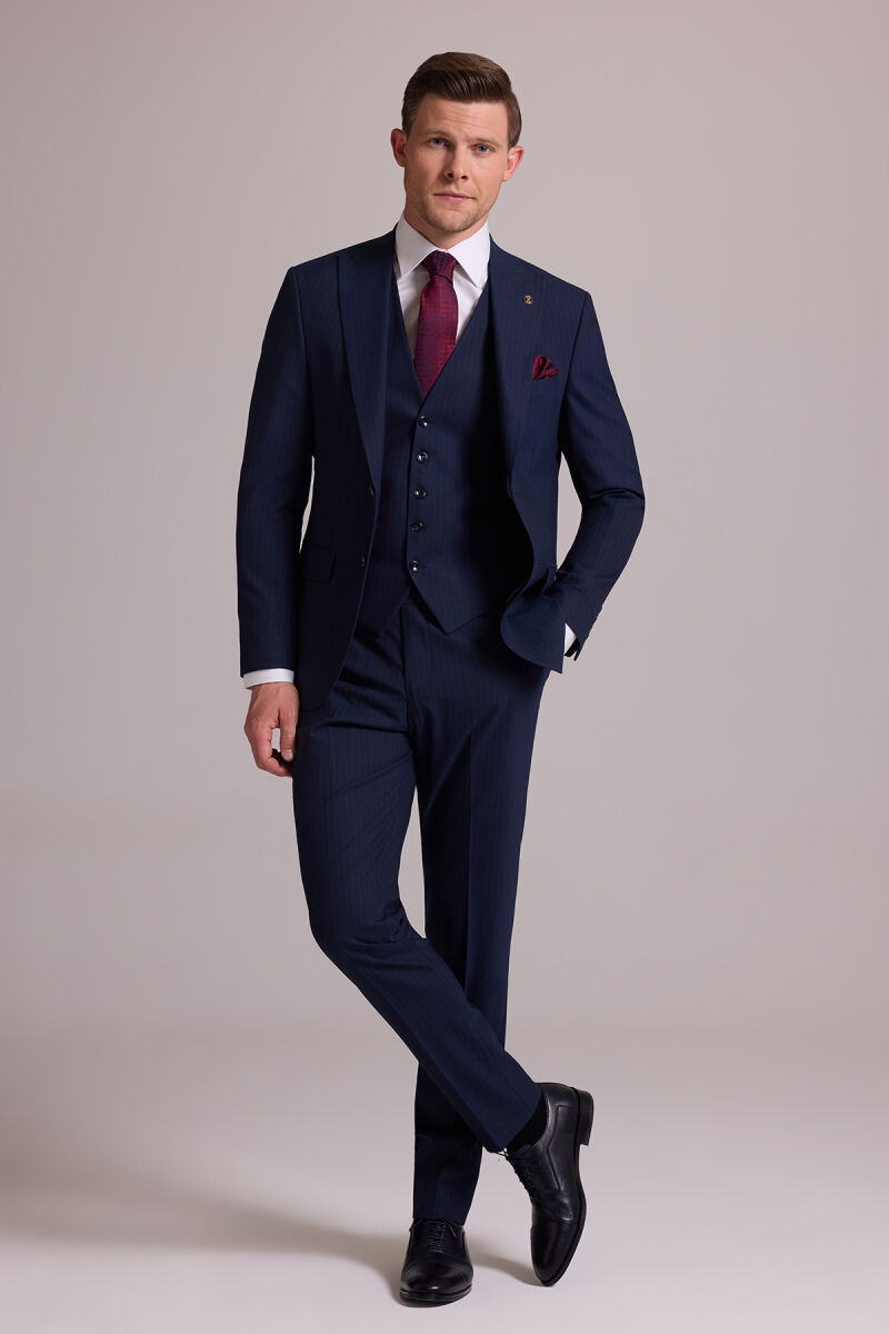 Erkek Lacivert Slim Fit Sivri Yaka Yelekli %100 Yün Takım Elbise - 3