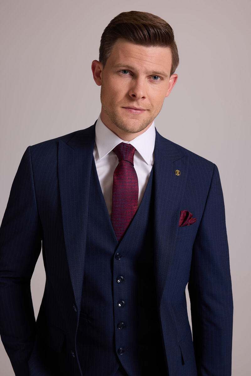 Erkek Lacivert Slim Fit Sivri Yaka Yelekli %100 Yün Takım Elbise - 4
