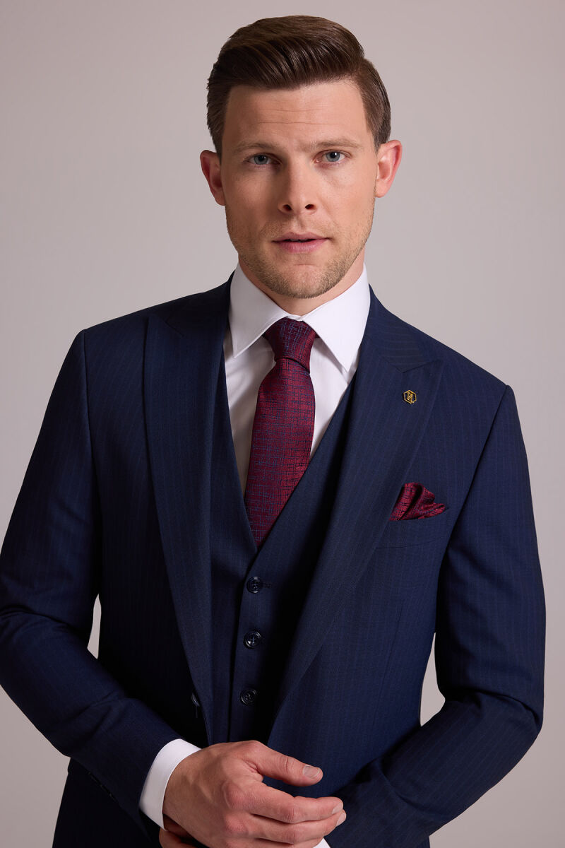 Erkek Lacivert Slim Fit Sivri Yaka Yelekli %100 Yün Takım Elbise - 7