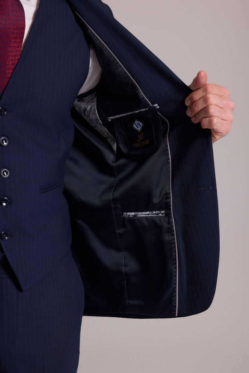 Erkek Lacivert Slim Fit Sivri Yaka Yelekli %100 Yün Takım Elbise - 9