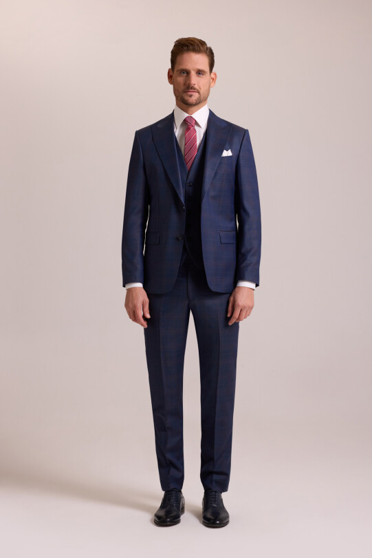 Erkek Lacivert Slim Fit Sivri Yaka Yelekli Yün Takım Elbise